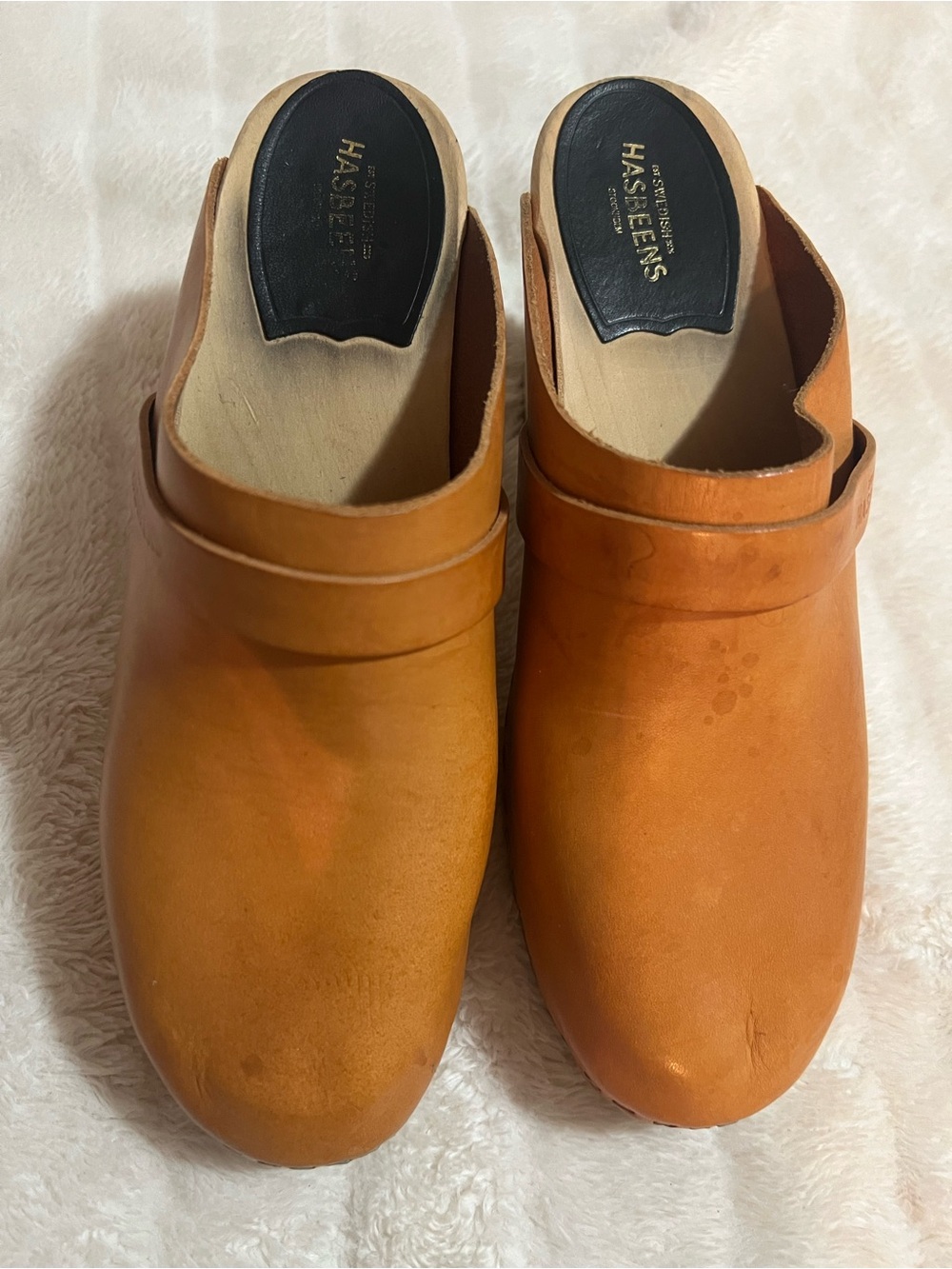 Swedish Hasbeens Tan Leather Slip-On Clogs
